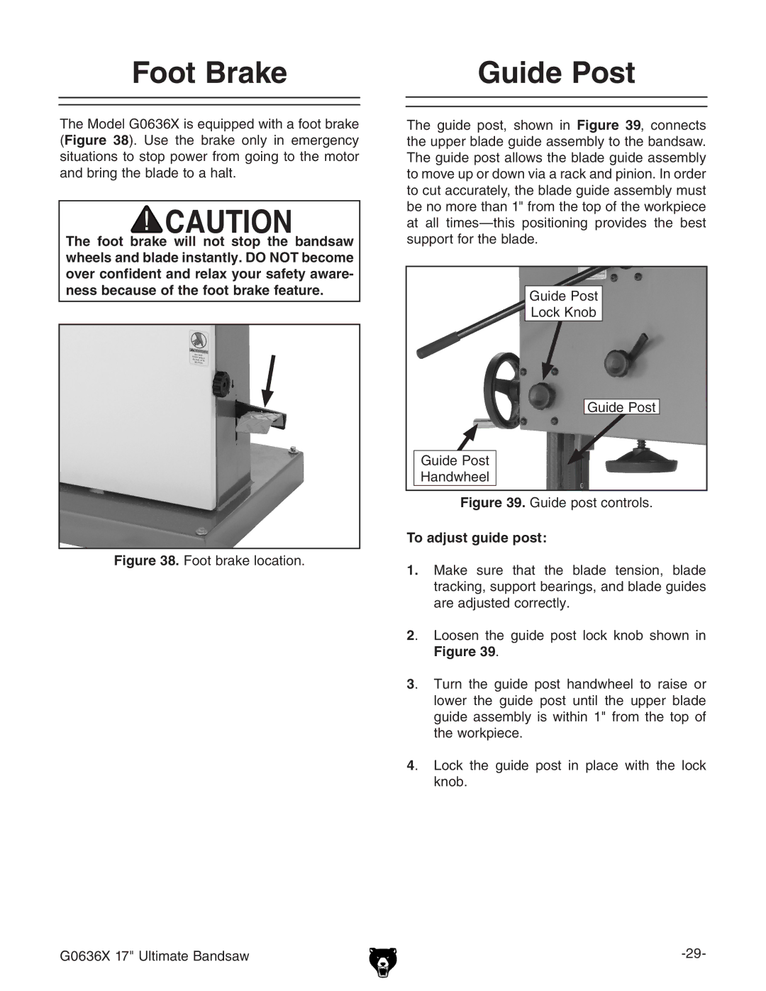 Grizzly G0636X owner manual Foot Brake, Guide Post 