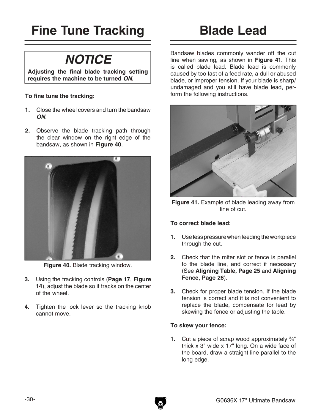 Grizzly G0636X owner manual Fine Tune Tracking, Blade Lead, To correct blade lead, To skew your fence 