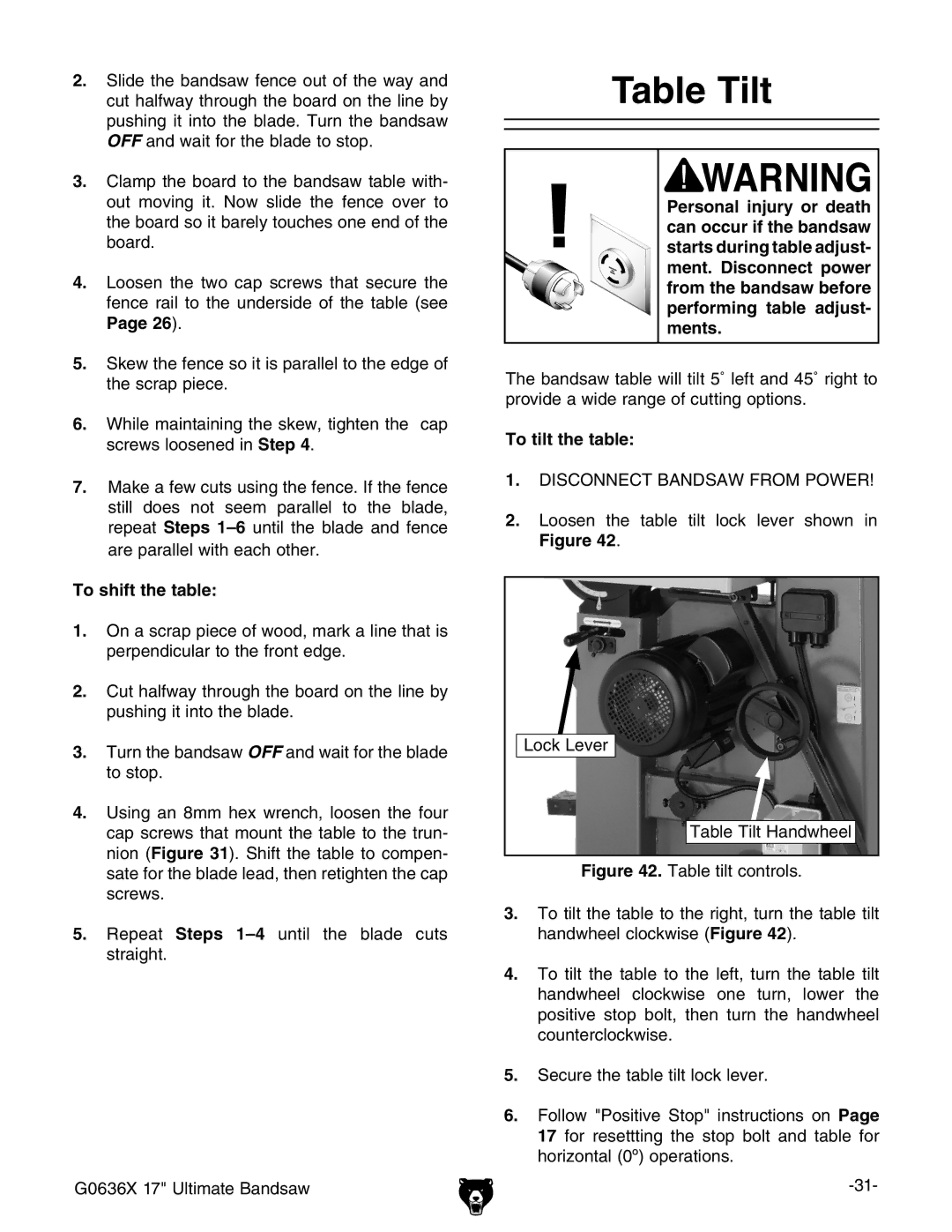 Grizzly G0636X owner manual Table Tilt, To shift the table, To tilt the table 