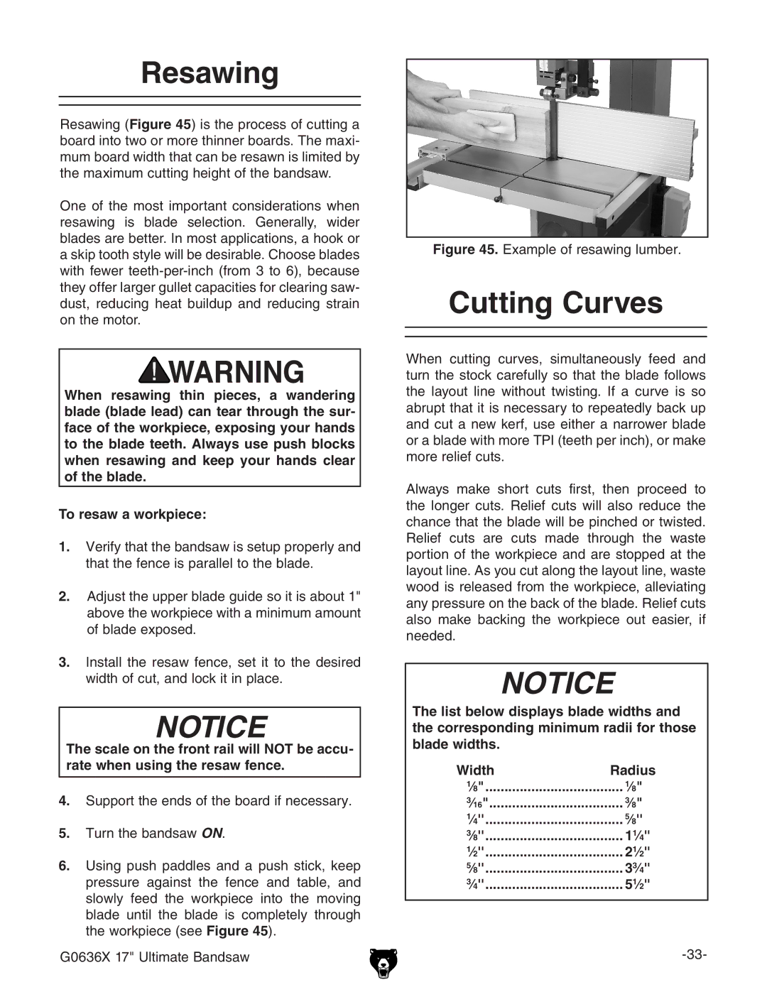 Grizzly G0636X owner manual Resawing, Cutting Curves 