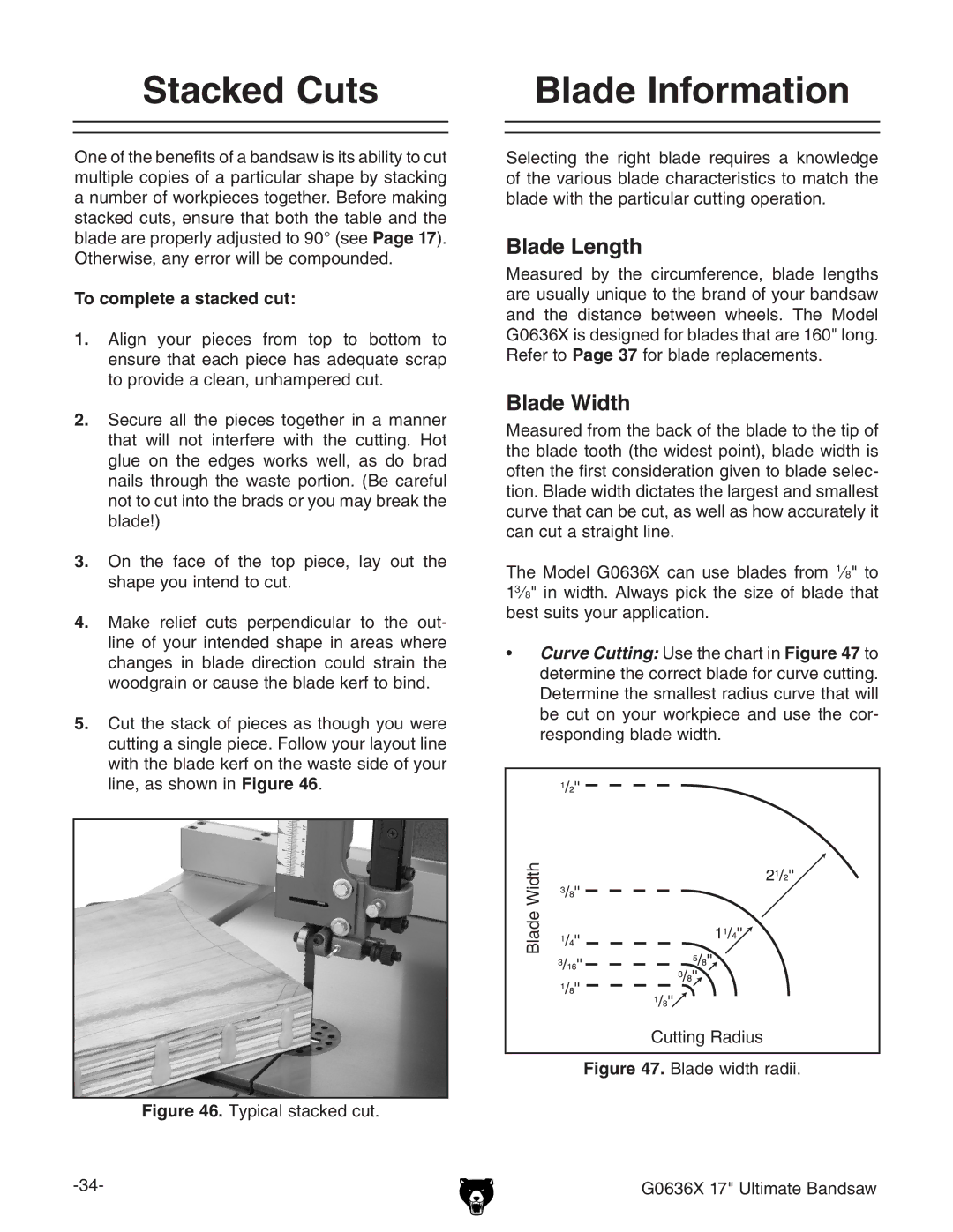 Grizzly G0636X owner manual Stacked Cuts, Blade Information, Blade Length, Blade Width, To complete a stacked cut 