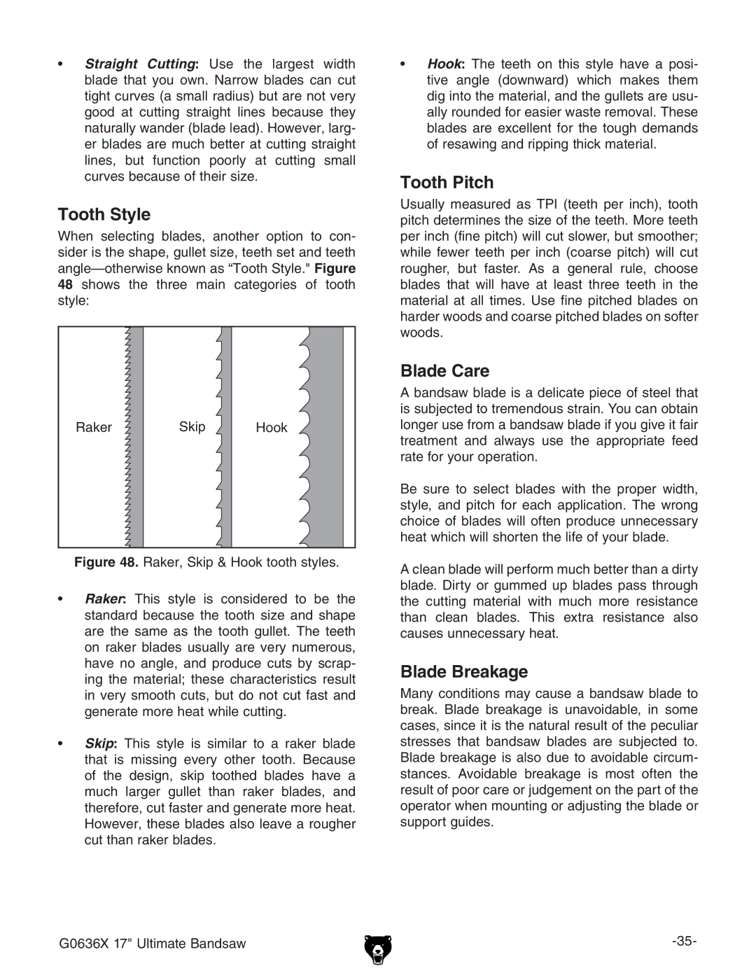 Grizzly G0636X owner manual Tooth Style, Tooth Pitch, Blade Care, Blade Breakage 