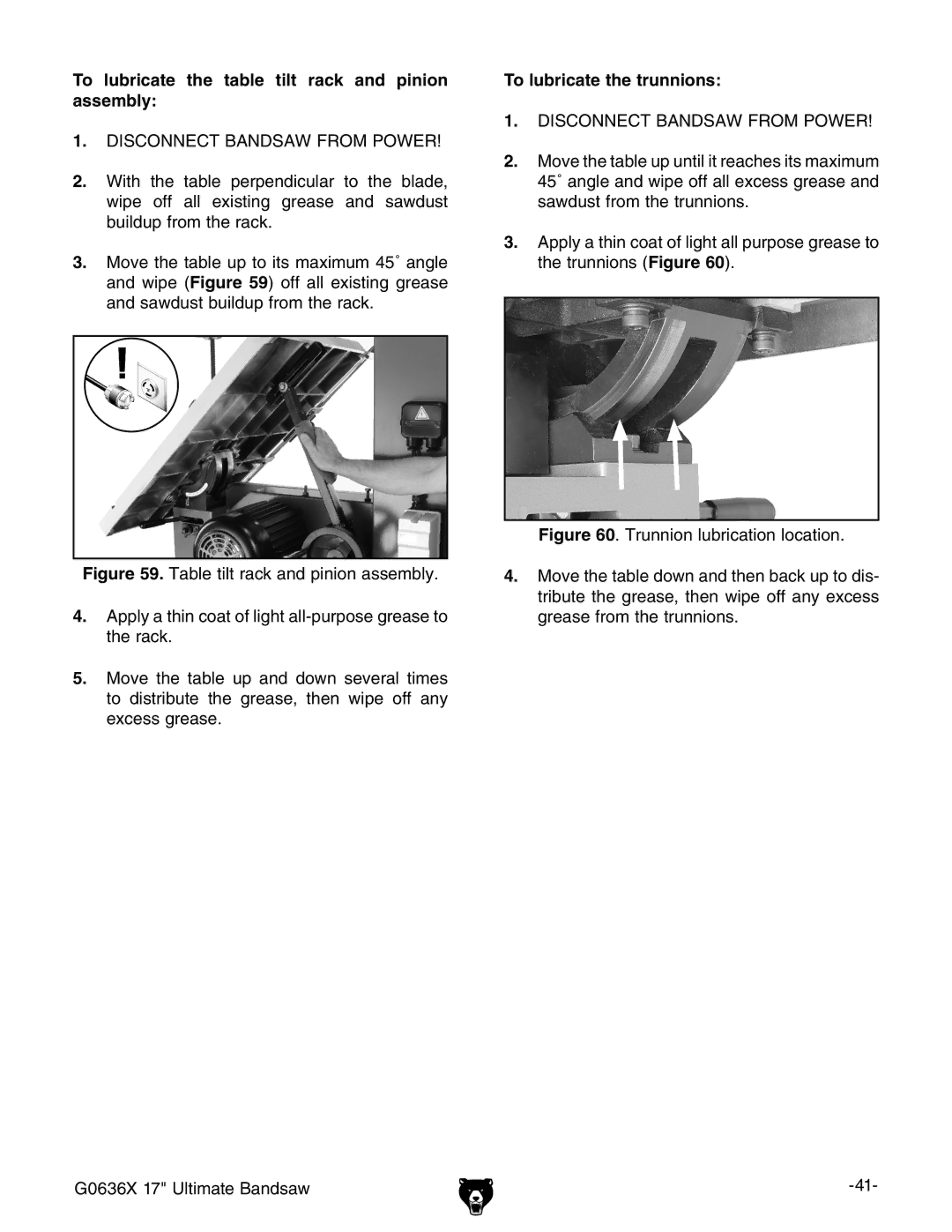 Grizzly G0636X owner manual To lubricate the table tilt rack and pinion assembly, To lubricate the trunnions 