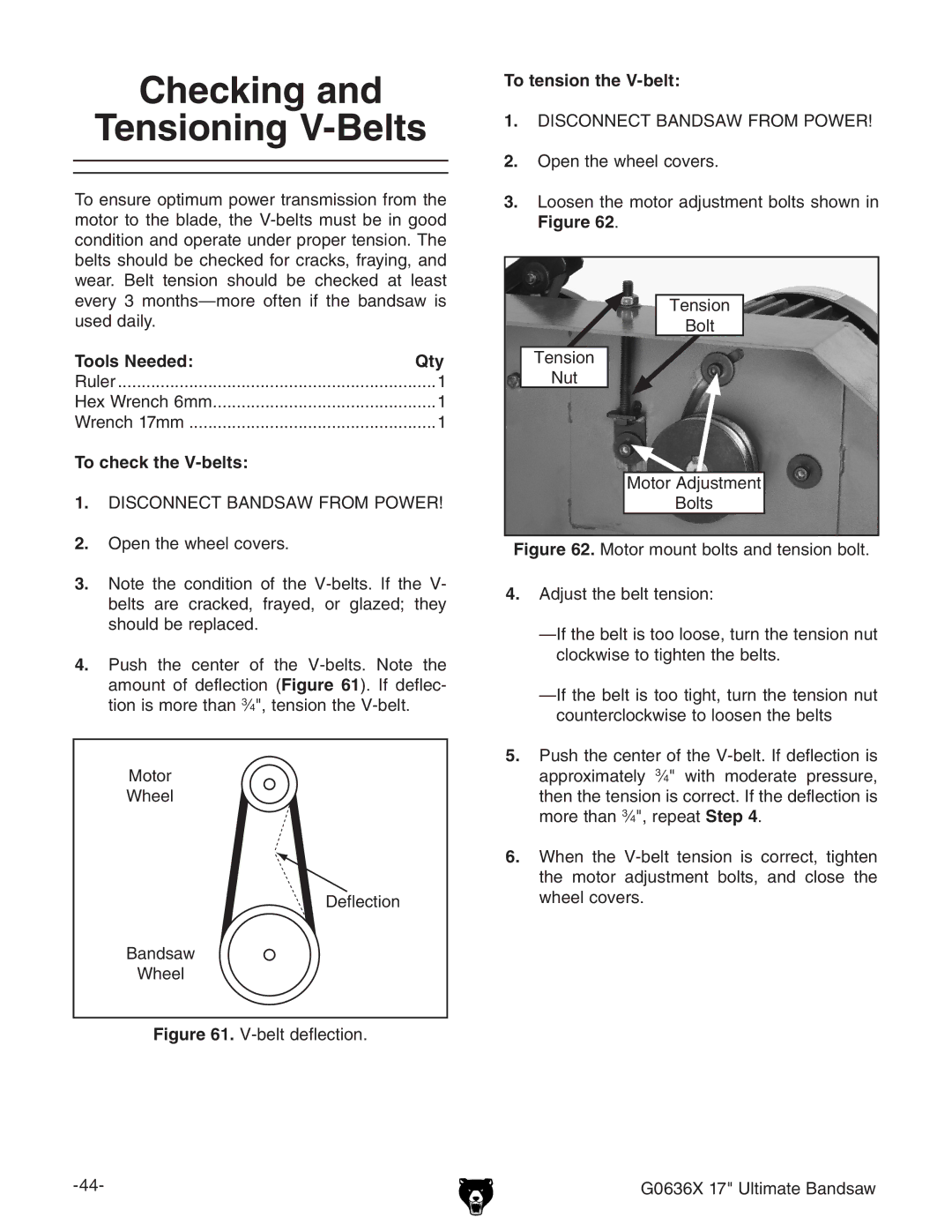 Grizzly G0636X owner manual Checking Tensioning V-Belts, Tools Needed Qty, To check the V-belts, To tension the V-belt 