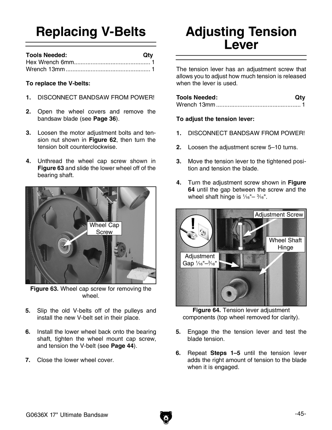 Grizzly G0636X Replacing V-Belts, Adjusting Tension, Lever, To replace the V-belts, To adjust the tension lever 