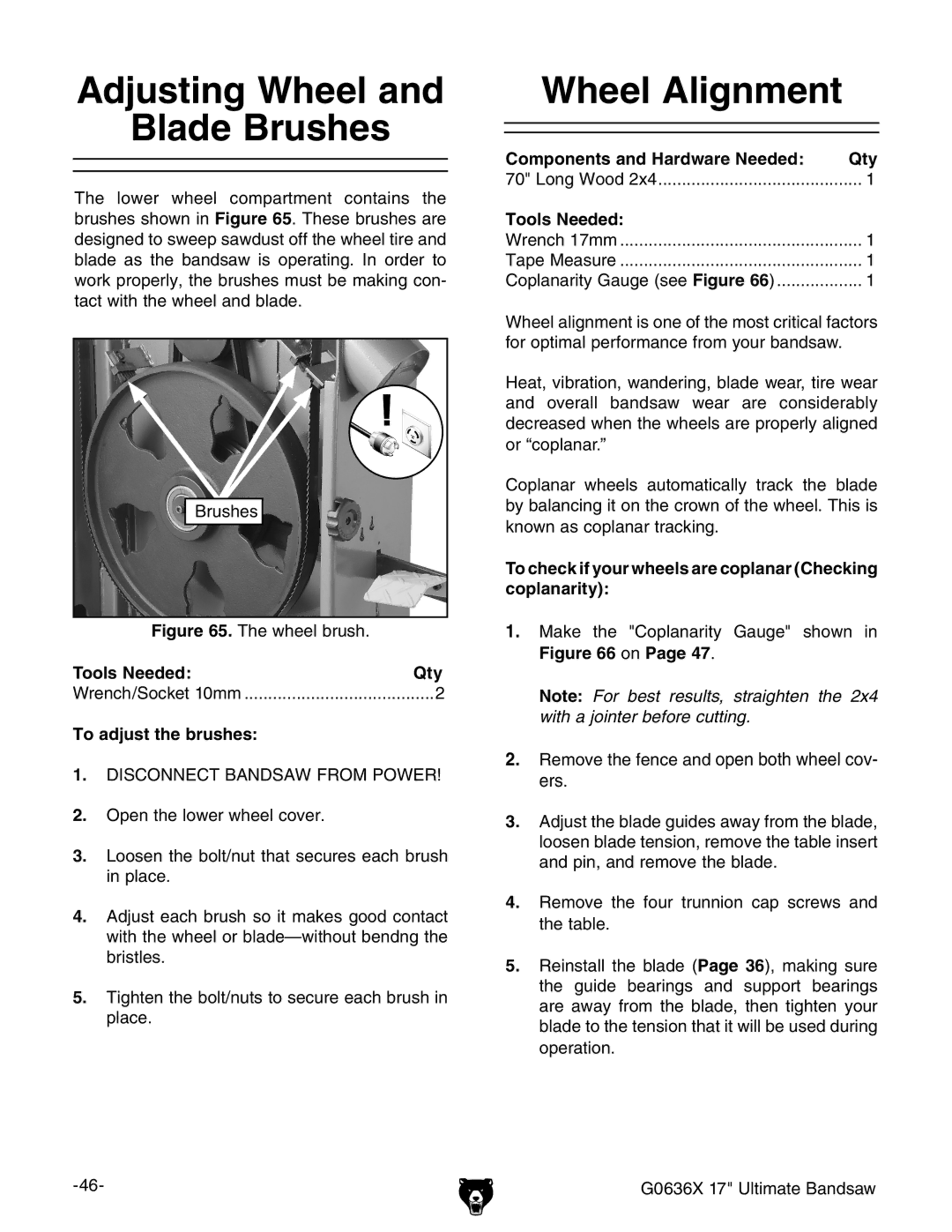 Grizzly G0636X Adjusting Wheel Blade Brushes, Wheel Alignment, To adjust the brushes, Components and Hardware Needed Qty 