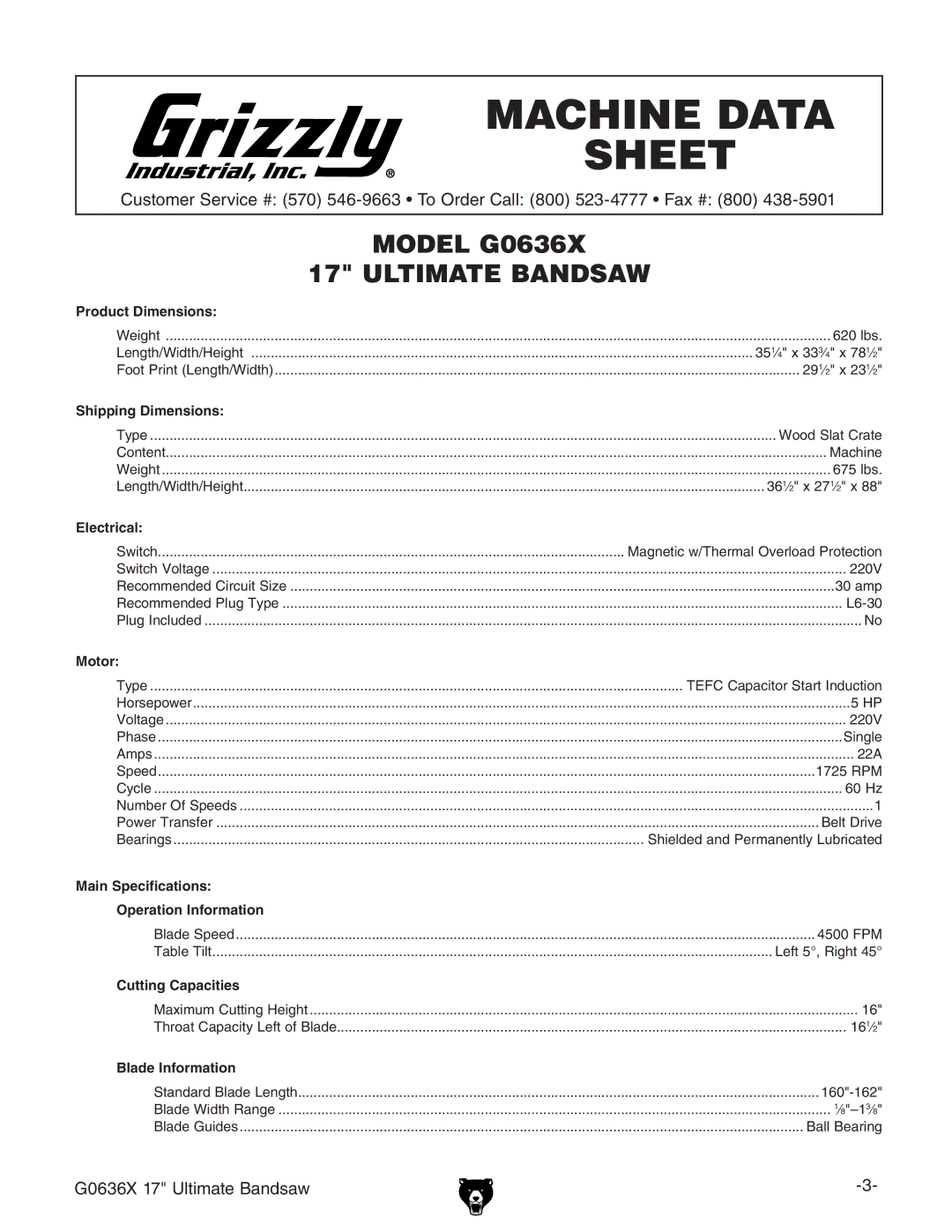 Grizzly G0636X owner manual Machine Data Sheet 