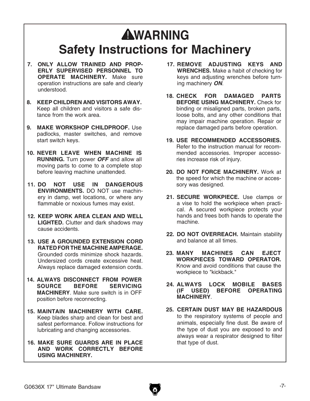 Grizzly owner manual G0636X 17 Ultimate Bandsaw 