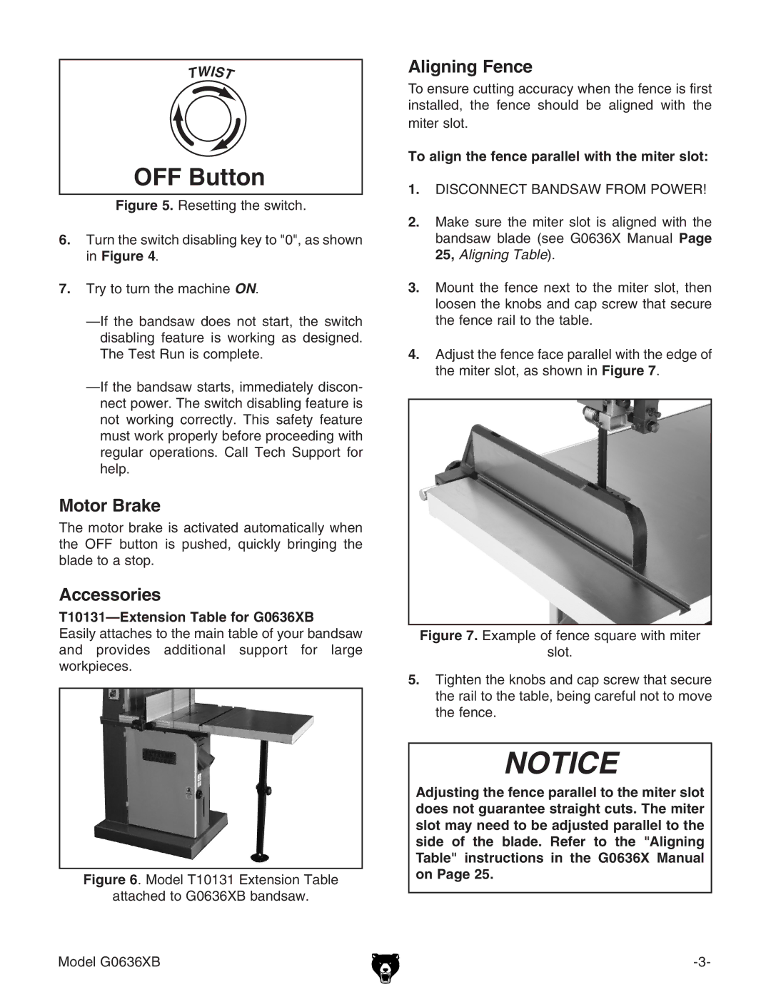 Grizzly G0636XB manual Motor Brake, Accessories, Aligning Fence 