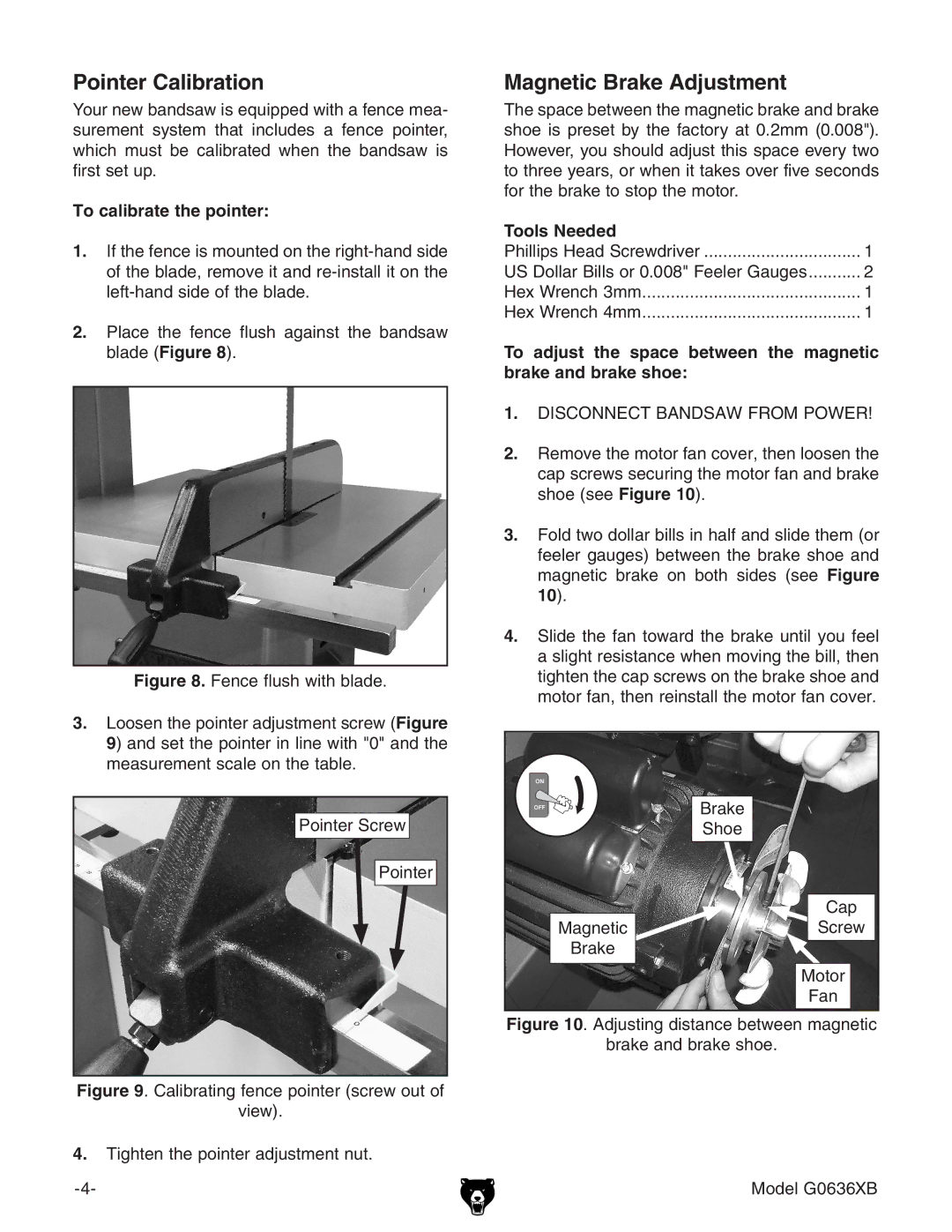 Grizzly G0636XB manual Pointer Calibration, Magnetic Brake Adjustment 