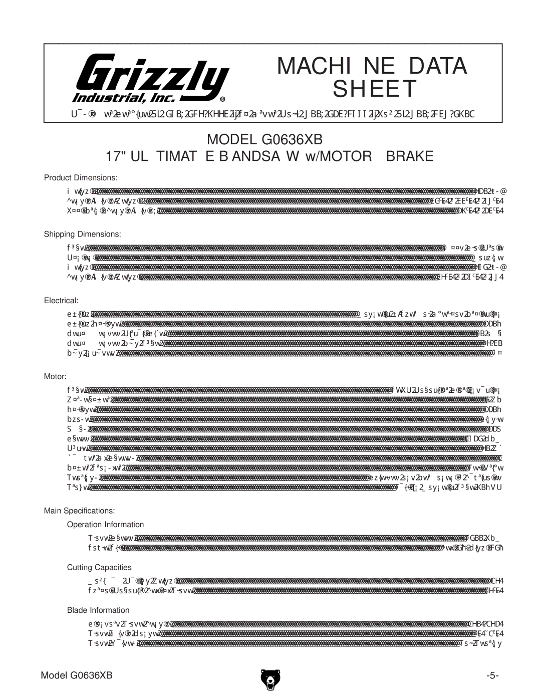 Grizzly G0636XB manual Machine Data Sheet 