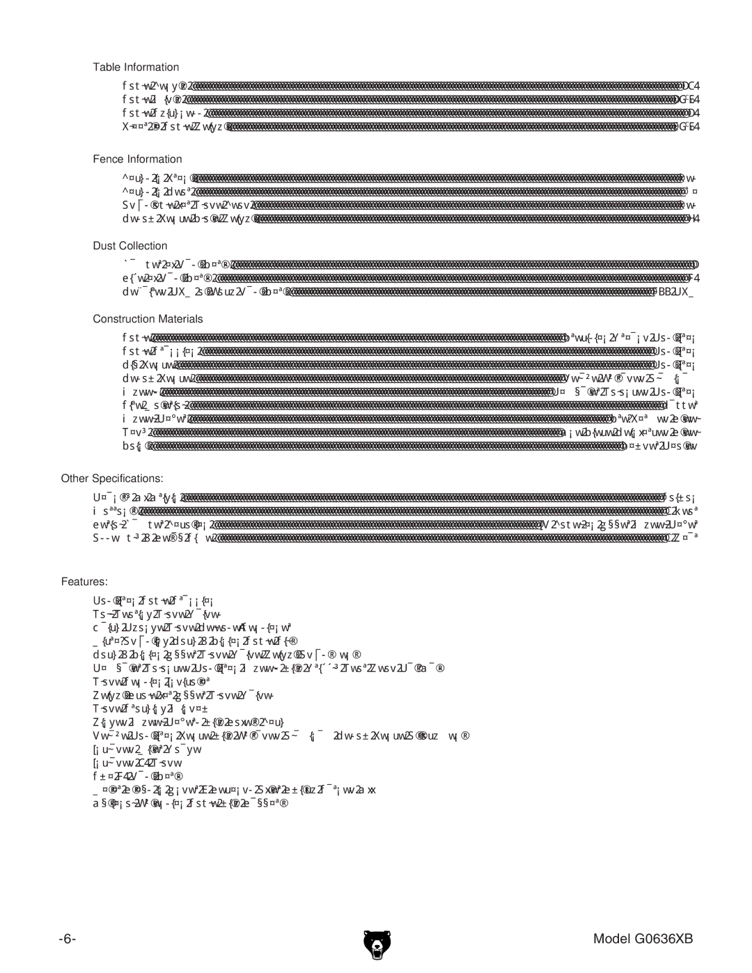 Grizzly G0636XB manual Table Information 