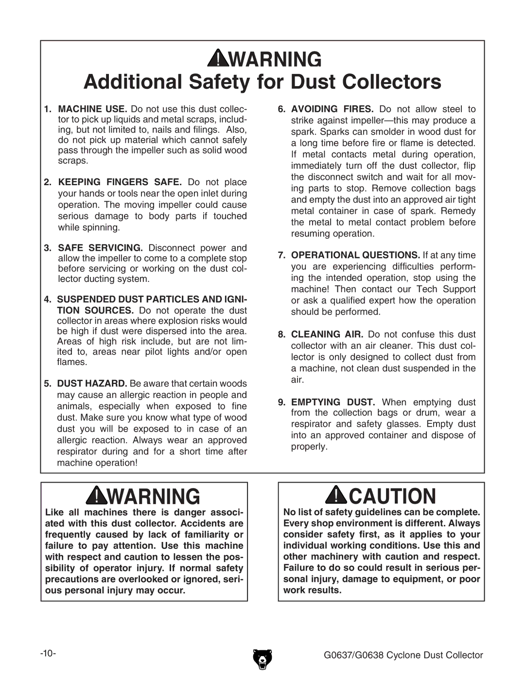 Grizzly G0637, G0638 owner manual Additional Safety for Dust Collectors 