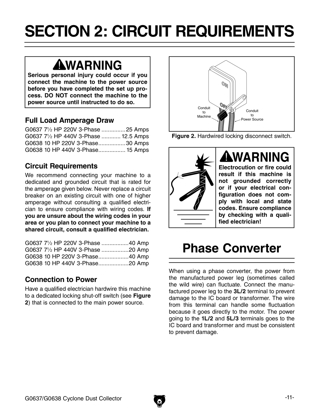 Grizzly G0638, G0637 owner manual Circuit Requirements, Phase Converter, Full Load Amperage Draw, Connection to Power 