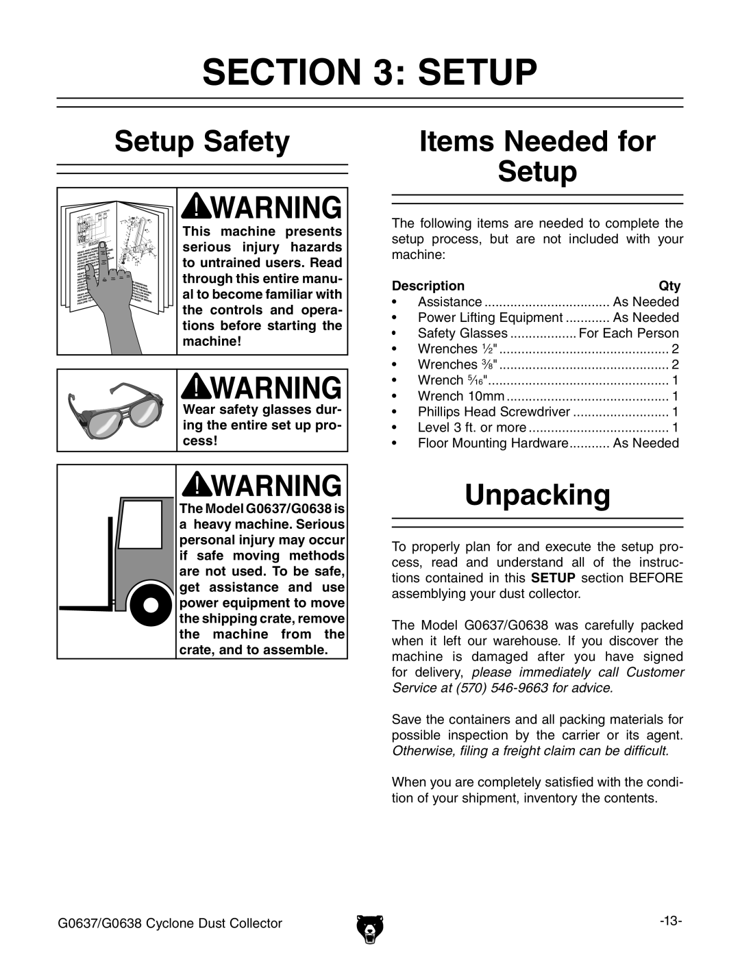 Grizzly G0638, G0637 owner manual Setup Safety, Items Needed for Setup, Unpacking, Description Qty 