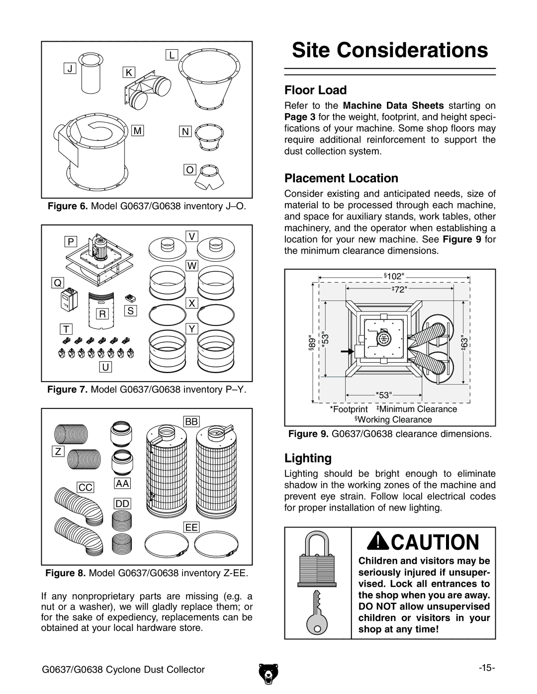 Grizzly G0638, G0637 owner manual Site Considerations, Floor Load, Placement Location, Lighting 