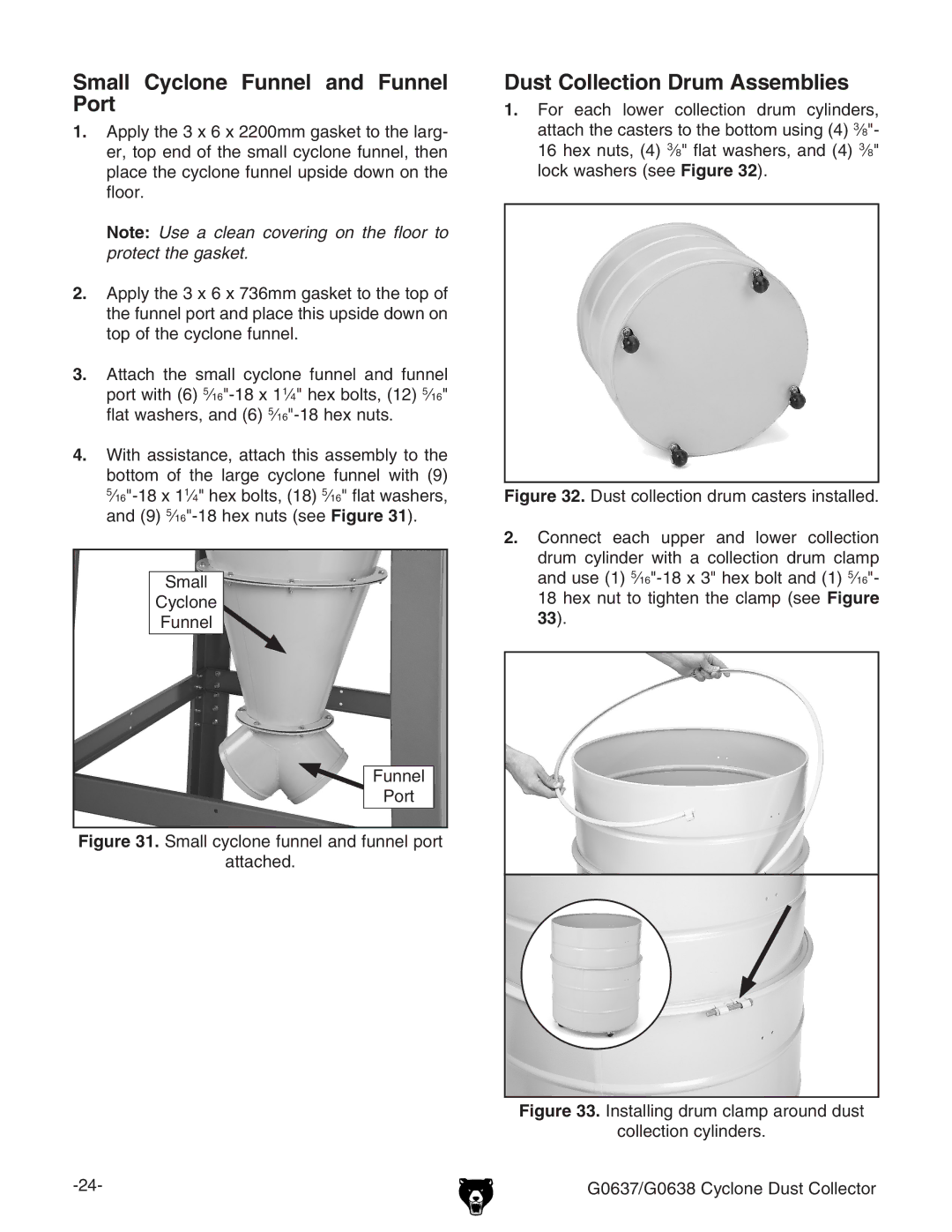 Grizzly G0637, G0638 owner manual Small Cyclone Funnel and Funnel Port, Dust Collection Drum Assemblies 