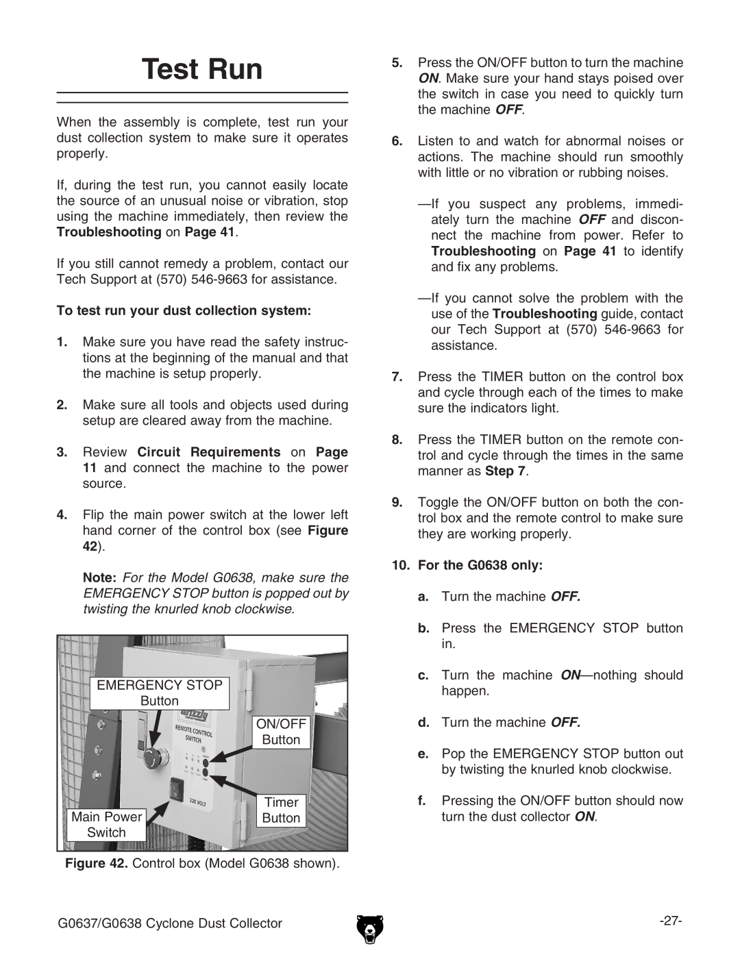 Grizzly G0637 owner manual Test Run, To test run your dust collection system, For the G0638 only 