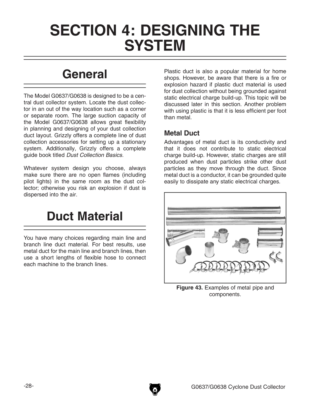 Grizzly G0637, G0638 owner manual Designing System, General, Duct Material, Metal Duct 