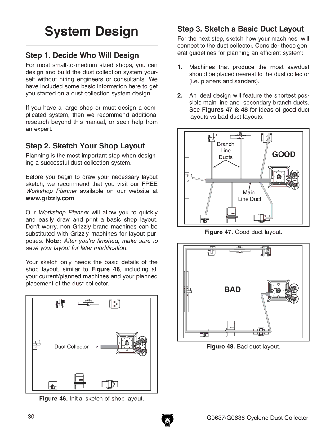 Grizzly G0637, G0638 owner manual System Design, Decide Who Will Design, Sketch Your Shop Layout, Sketch a Basic Duct Layout 