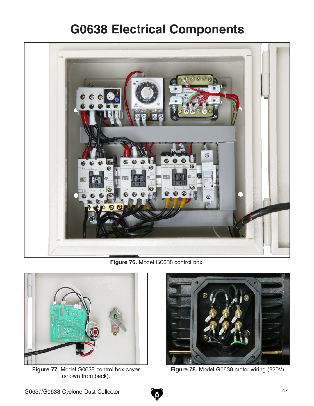 Grizzly G0637 owner manual G0638 Electrical Components, Model G0638 control box 