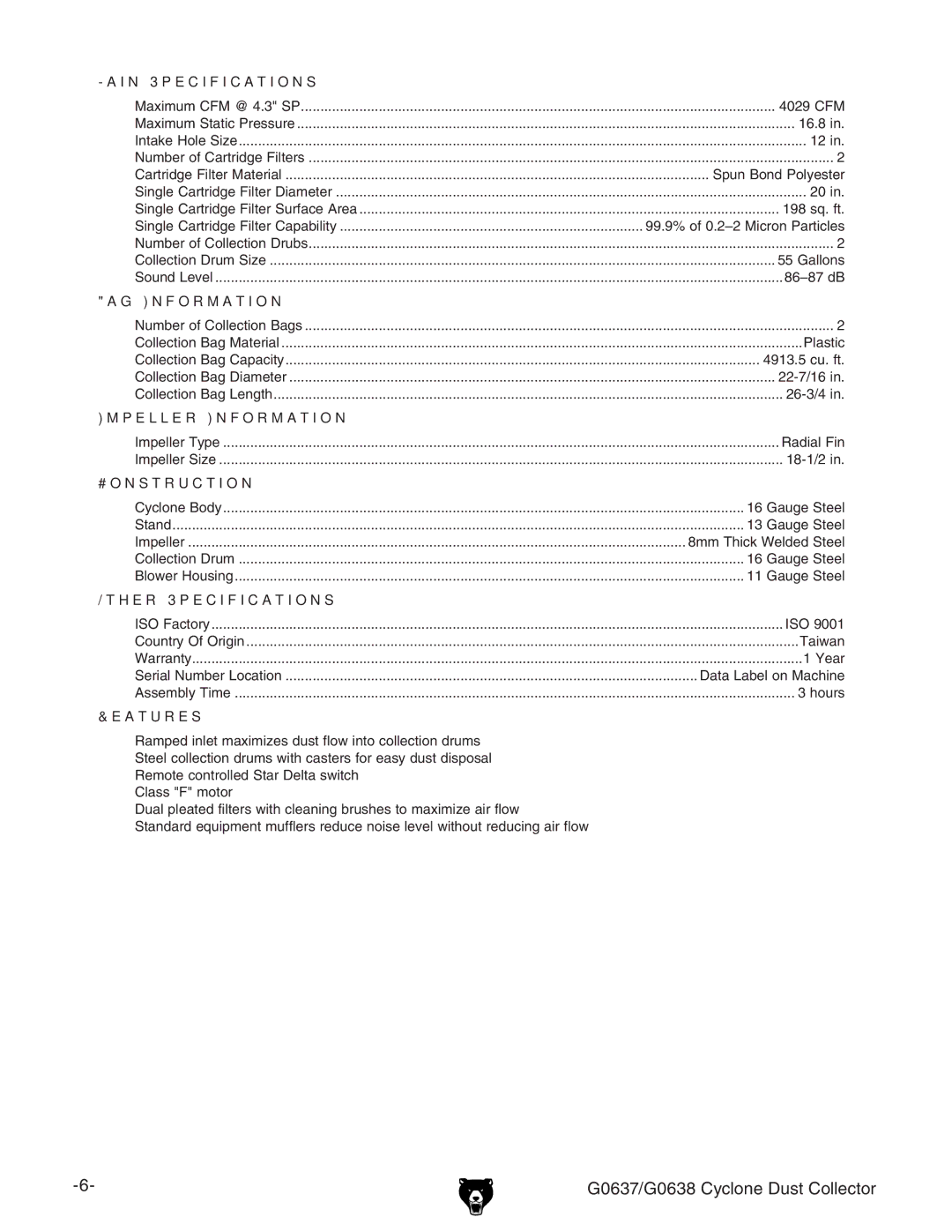 Grizzly owner manual G0637/G0638 Cyclone Dust Collector 