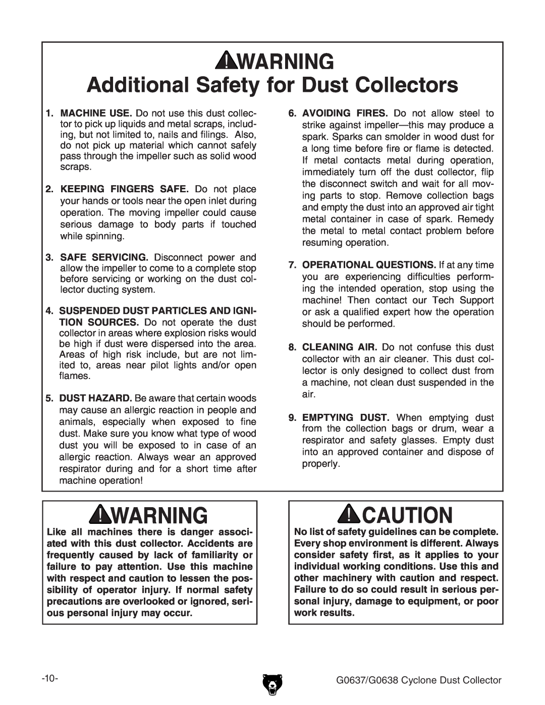 Grizzly G0637, G0638 owner manual Additional Safety for Dust Collectors 