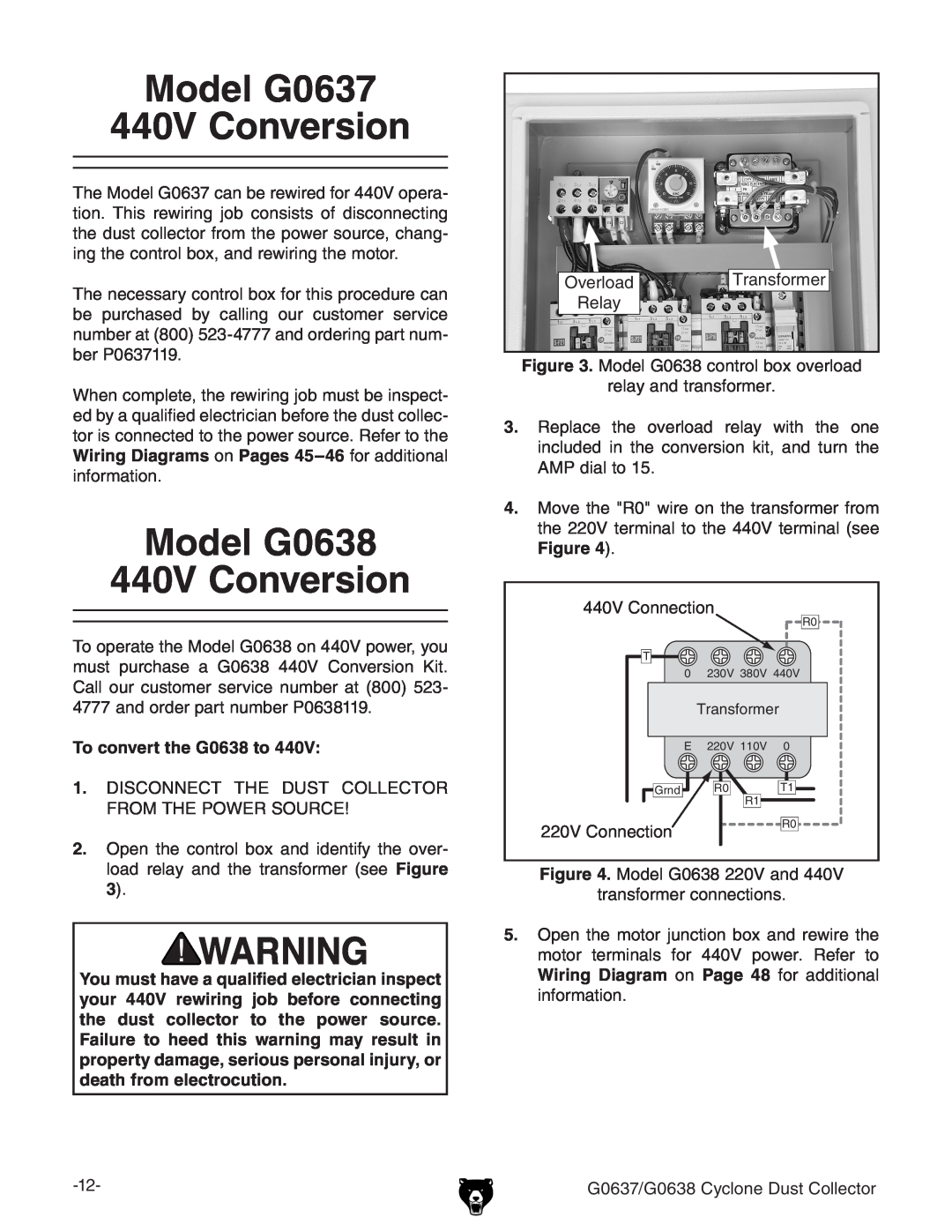 Grizzly owner manual Model G0637 440V Conversion, Model G0638 440V Conversion, conversion, To convert the G0638 to 
