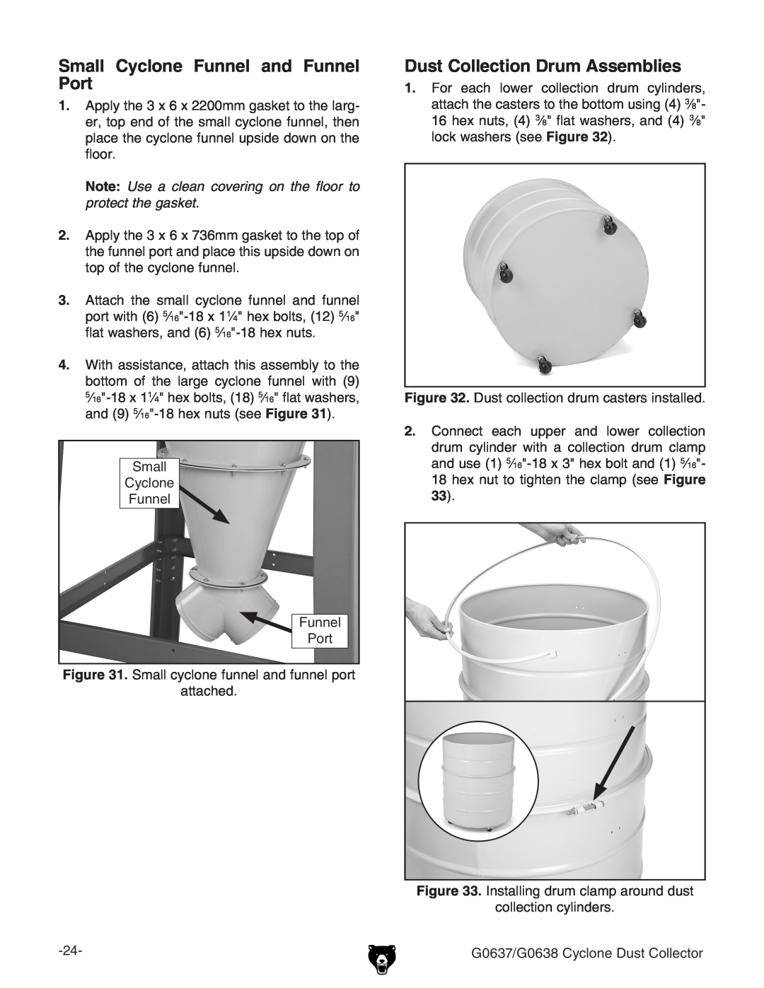 Grizzly G0637, G0638 owner manual Small Cyclone Funnel and Funnel Port, Dust Collection Drum Assemblies 