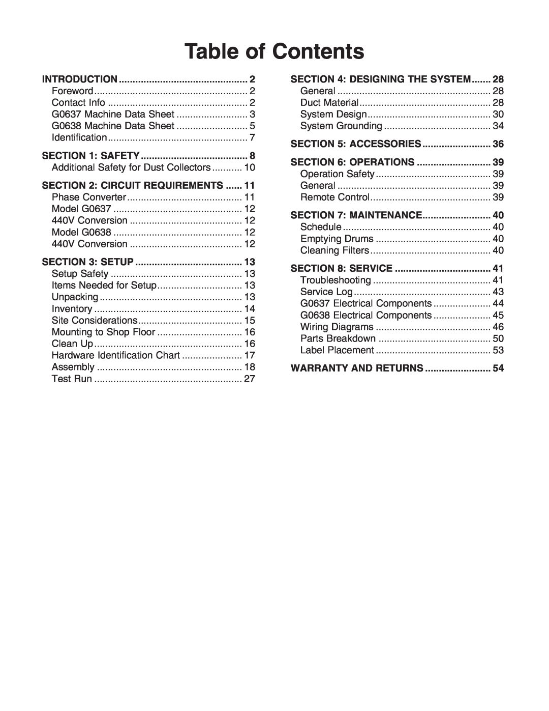 Grizzly G0638, G0637 owner manual Table of Contents 
