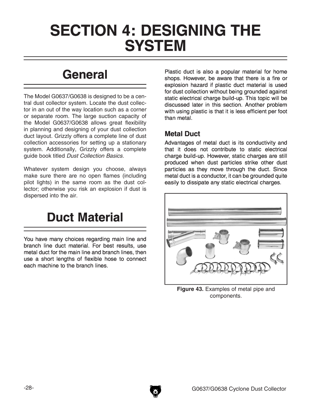 Grizzly G0637, G0638 owner manual Designing The System, General, Duct Material, Metal Duct, designing the system 
