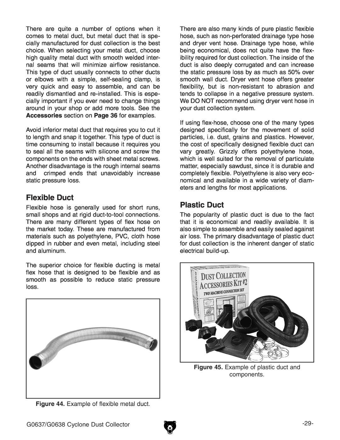 Grizzly G0638, G0637 owner manual Flexible Duct, Plastic Duct 