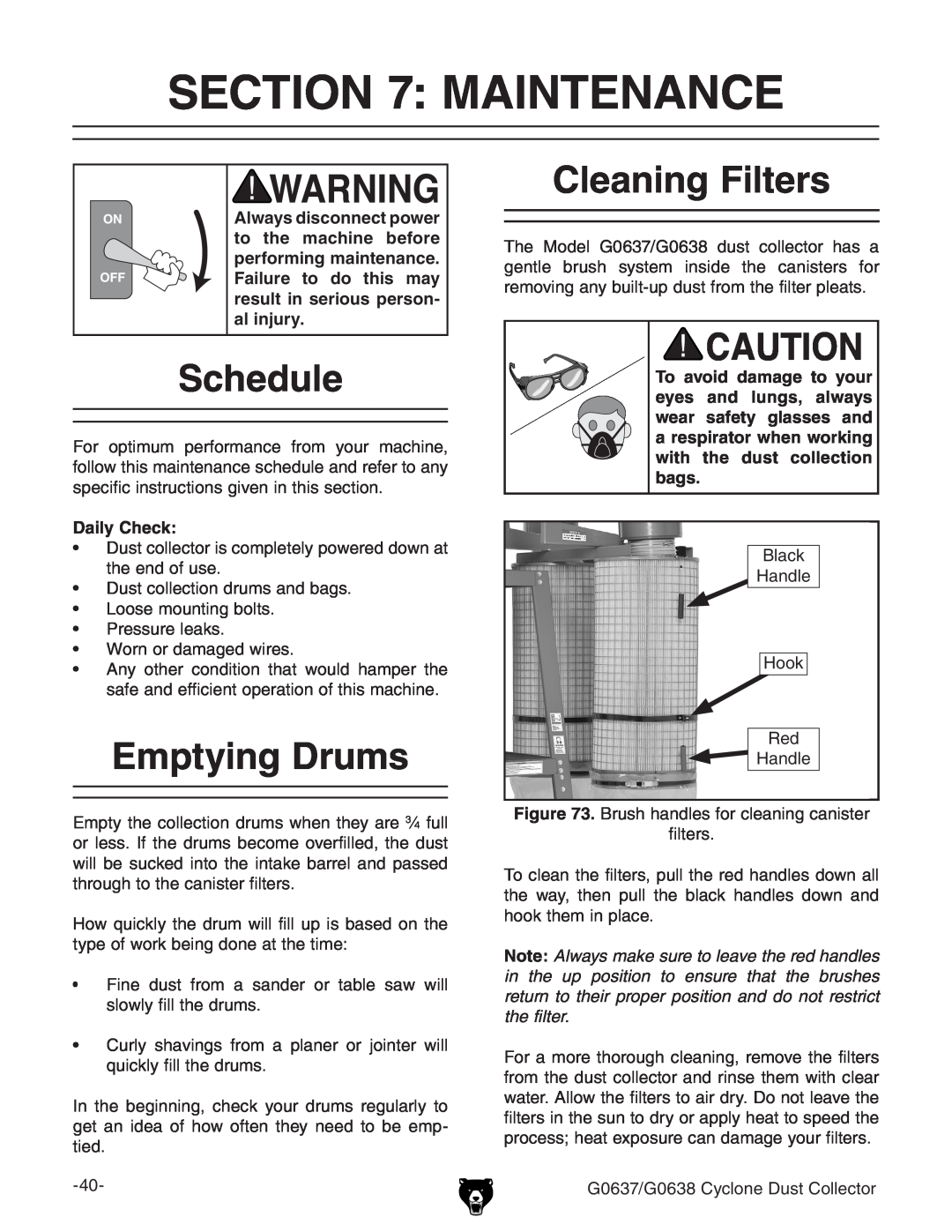 Grizzly G0637, G0638 owner manual Maintenance, Schedule, Emptying Drums, Cleaning Filters 