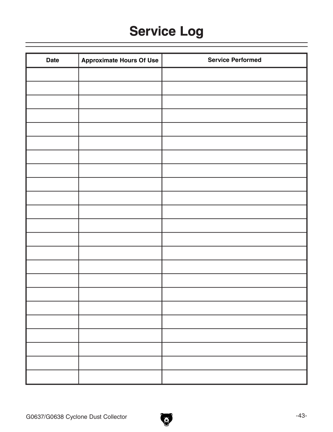 Grizzly G0638, G0637 owner manual Service Log, Date, Approximate Hours Of Use, Service Performed 