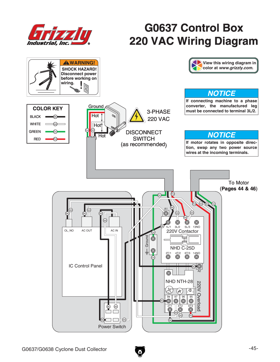 Grizzly G0638 owner manual Wiring Diagrams, G0637 control box wiring, Pages 44 