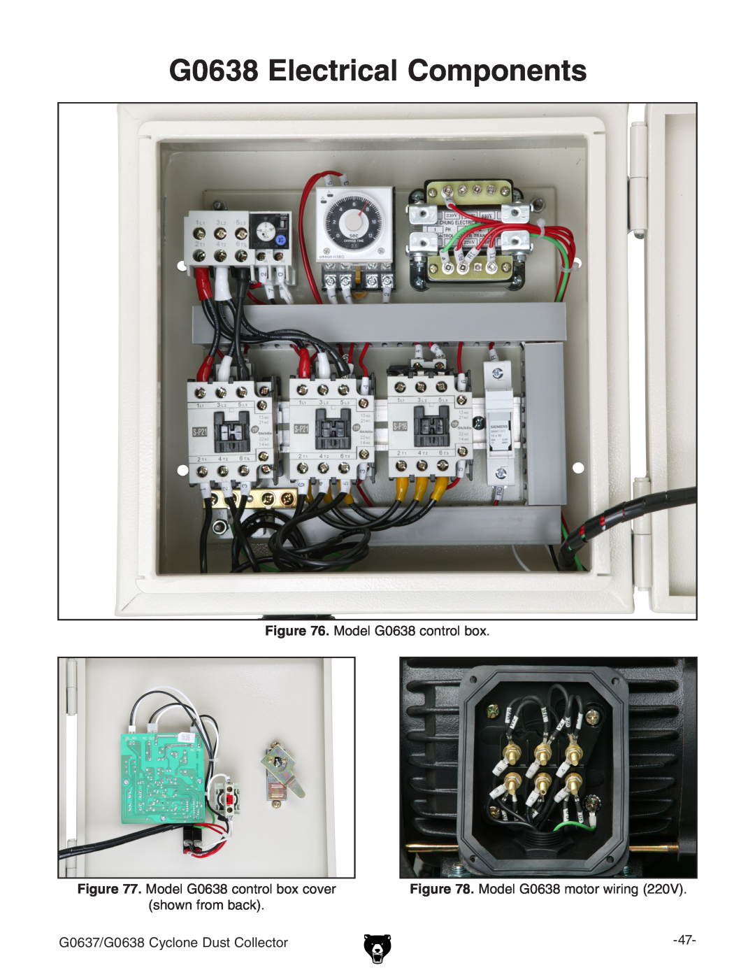 Grizzly G0638 Electrical Components, G0638 electrical components, Model G0638 control box, Model G0638 motor wiring 