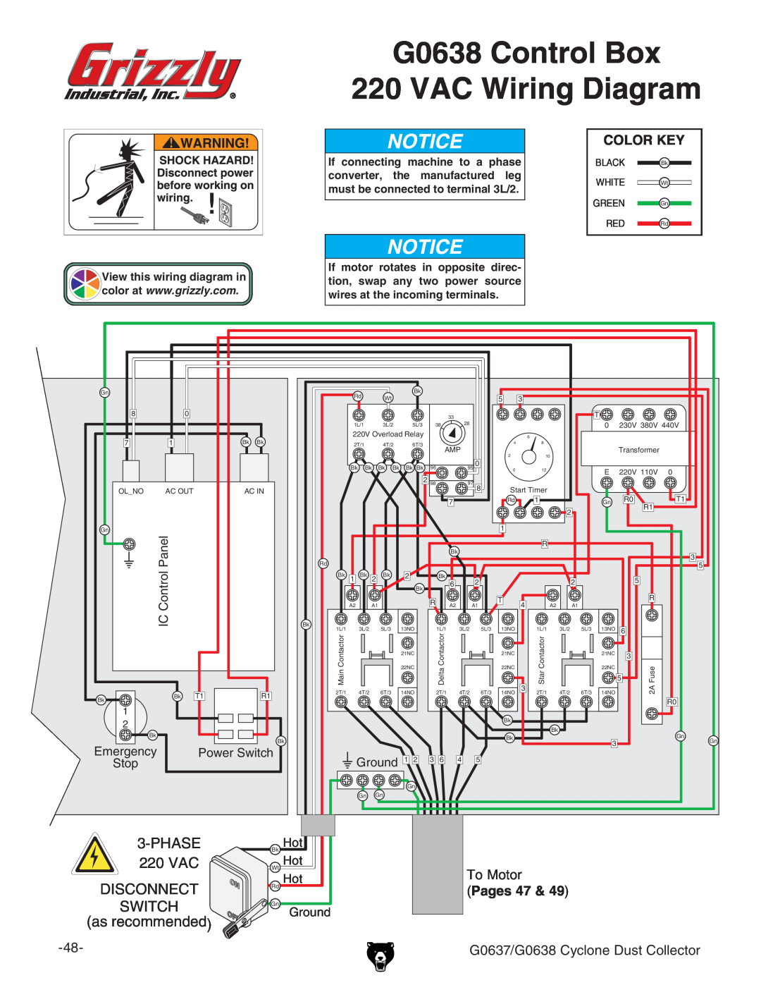 Grizzly owner manual G0638 control wiring, To Motor, Pages 47, G0637/G0638 Cyclone Dust Collector 