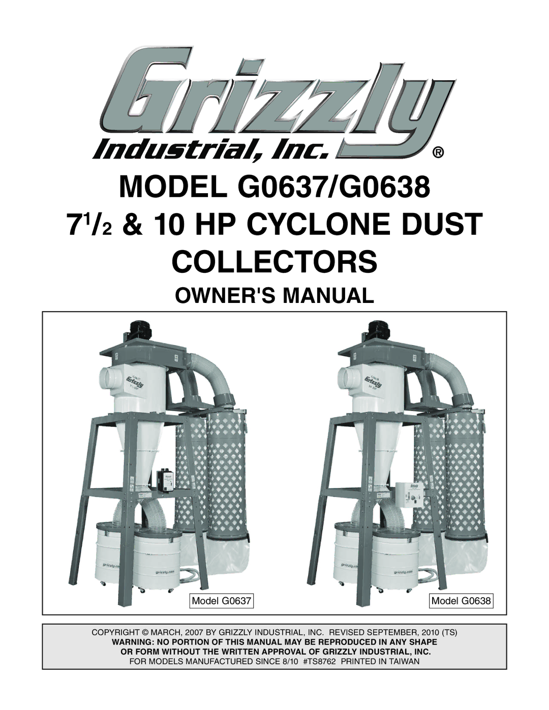 Grizzly G0637 owner manual 71/2 & 10 HP Cyclone Dust Collectors, BdYZa%+ 