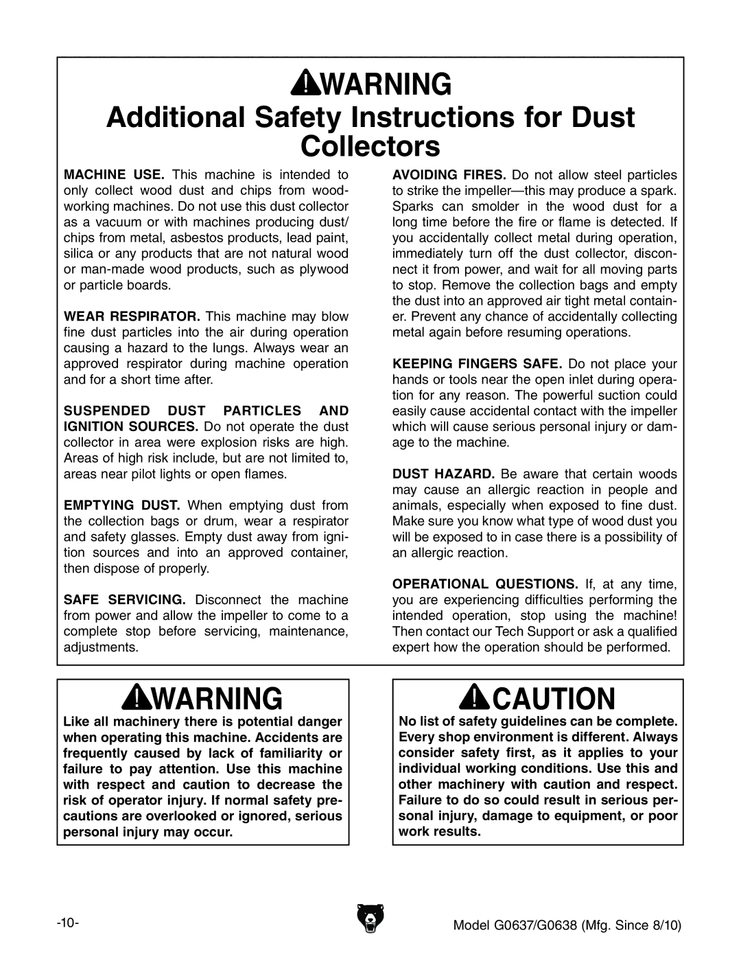 Grizzly G0637 owner manual Additional Safety Instructions for Dust Collectors 