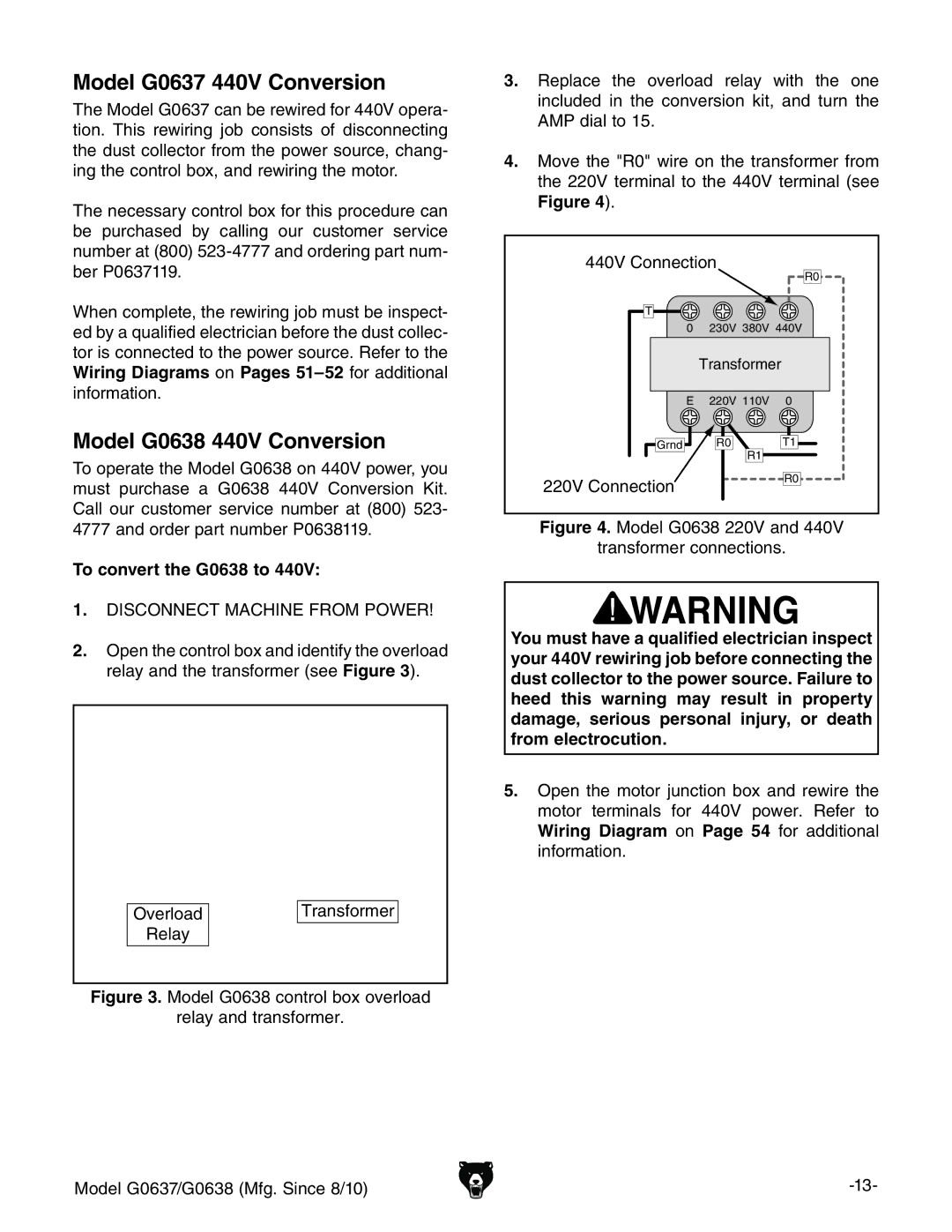 Grizzly owner manual Model G0637 440V Conversion, Model G0638 440V Conversion, To convert the G0638 to 