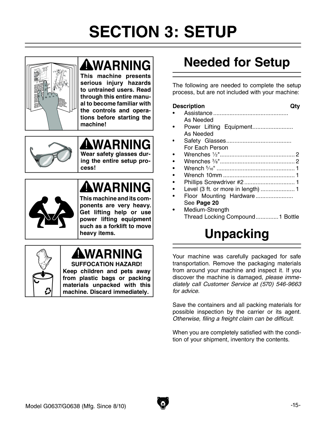 Grizzly G0637 owner manual Needed for Setup, Unpacking, Description Qty, HZZPage 