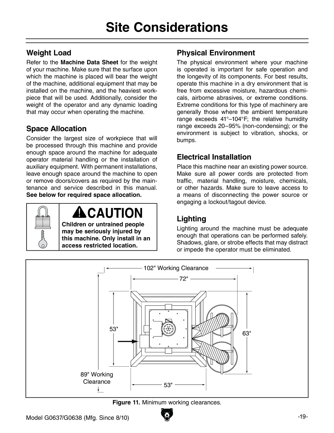 Grizzly G0637 owner manual Site Considerations 