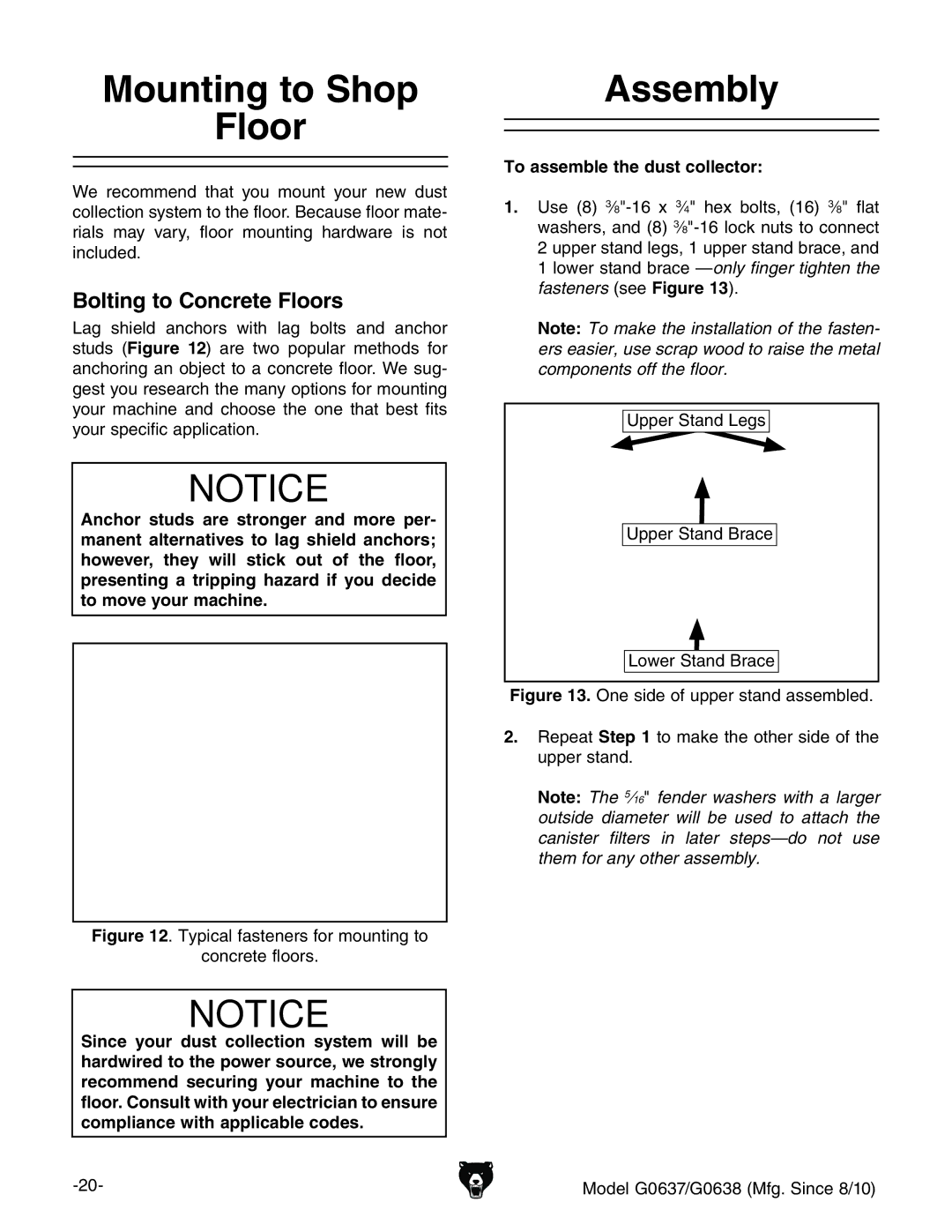 Grizzly G0637 owner manual Mounting to Shop Floor, Assembly, Bolting to Concrete Floors, To assemble the dust collector 