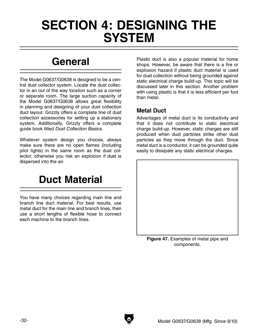 Grizzly G0637 owner manual Designing System, General, Duct Material, Metal Duct 