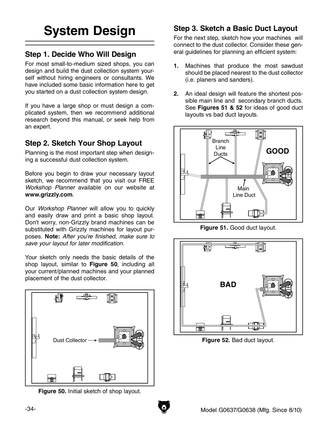 Grizzly G0637 owner manual System Design, Decide Who Will Design, Sketch Your Shop Layout, Sketch a Basic Duct Layout 