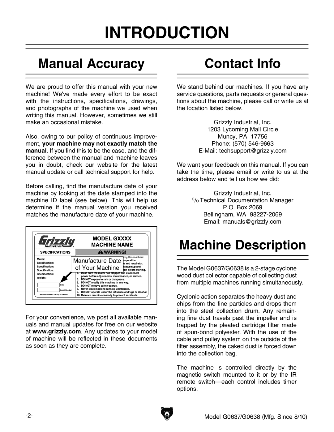 Grizzly G0637 owner manual Introduction, Manual Accuracy, Contact Info, Machine Description, NdjgBVXcZ 