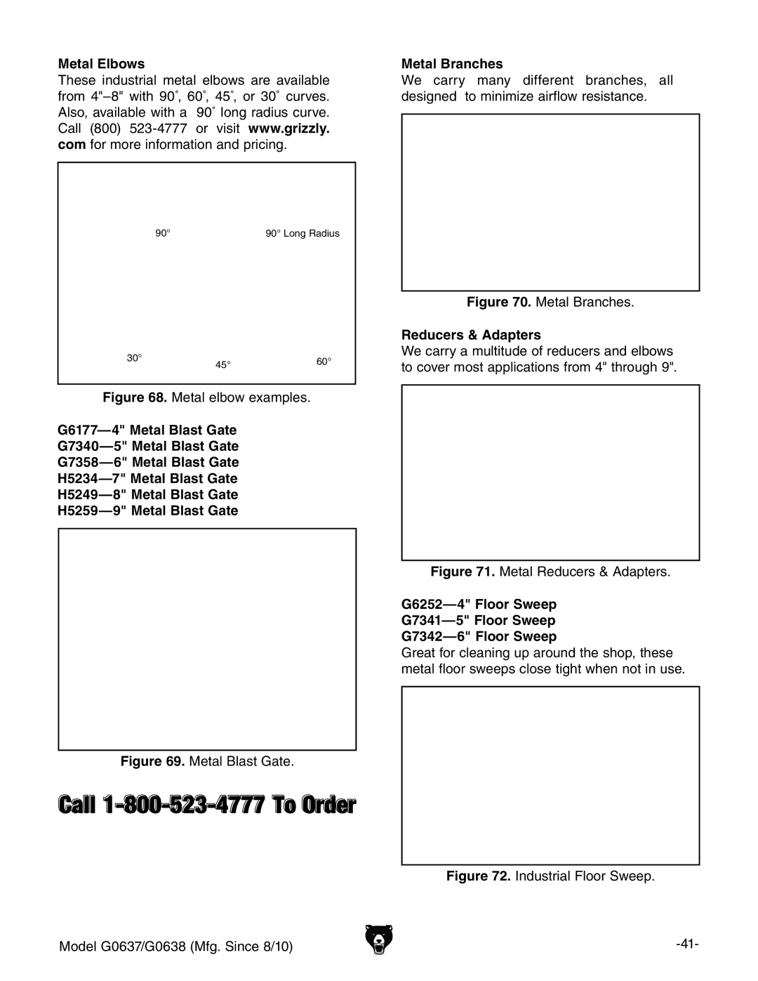 Grizzly G0637 owner manual Metal Elbows, Metal Branches, Reducers & Adapters 