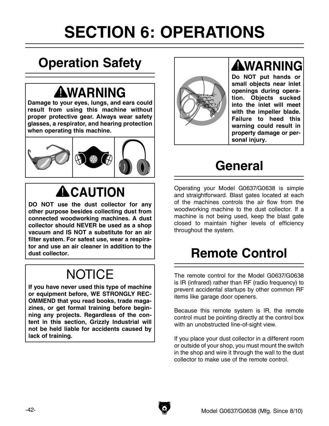 Grizzly G0637 owner manual Operations, Operation Safety, Remote Control 