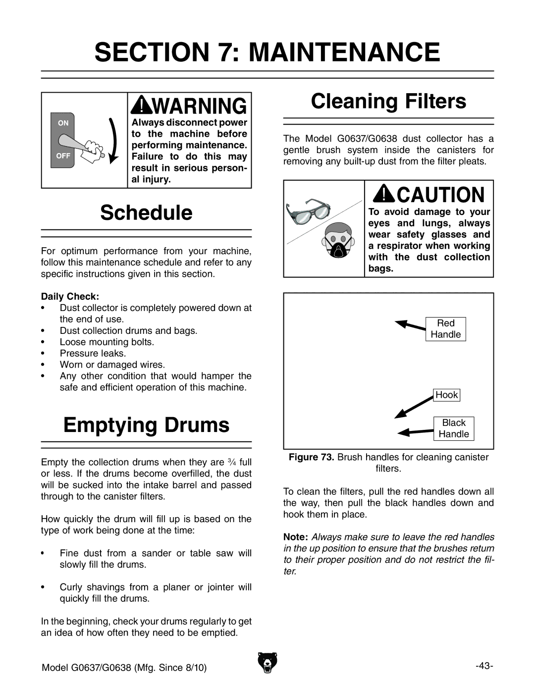 Grizzly G0637 owner manual Maintenance, Schedule, Emptying Drums, Cleaning Filters, Daily Check 