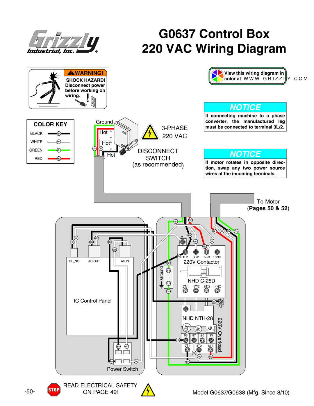 Grizzly G0637 owner manual #ONTROL#OX 6!# 7IRING $IAGRAM, #/,/2,+%9, VhgZXdbbZcYZY, IdBdidg, Pages 50 & 52 